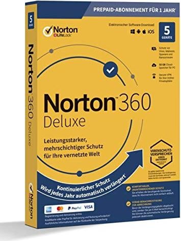 Norton 360 Deluxe 5 Geräte 1 Jahr 50GB Cloud SOFORT VIA MAIL